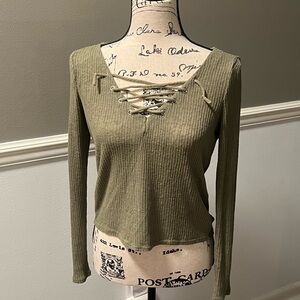 H&M Divided Olive Green Ribbed Long Sleeve Shirt | Lace Up Shirt